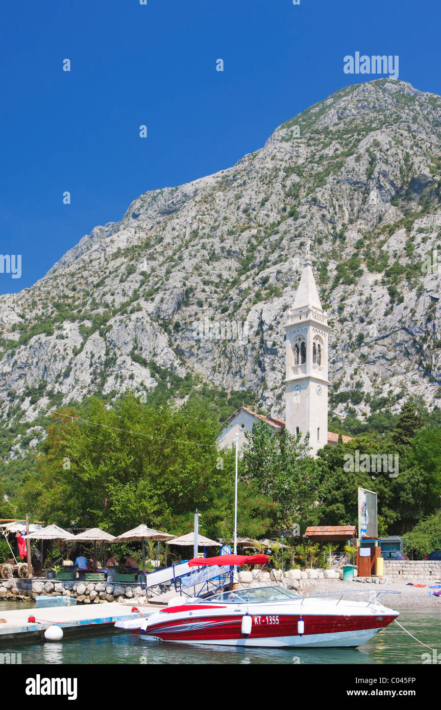 Boats and Cafes, Dobrota, Boka Kotorska, Montenegro Stock Photo