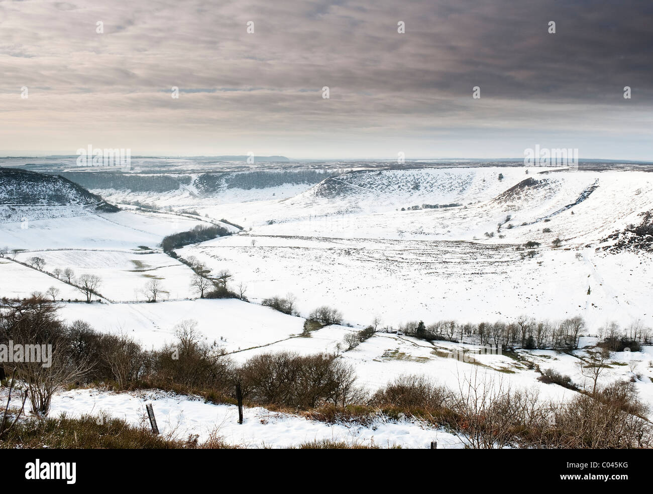 The Hole of Horcum blanketed in snow Stock Photo