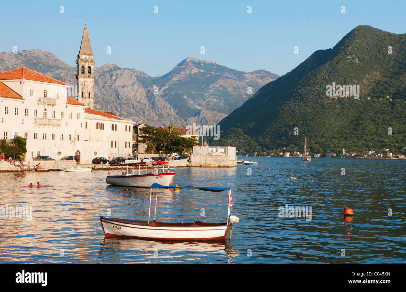 Boats moored in harbour, Perast, Boka Kotorska, Montenegro Stock Photo