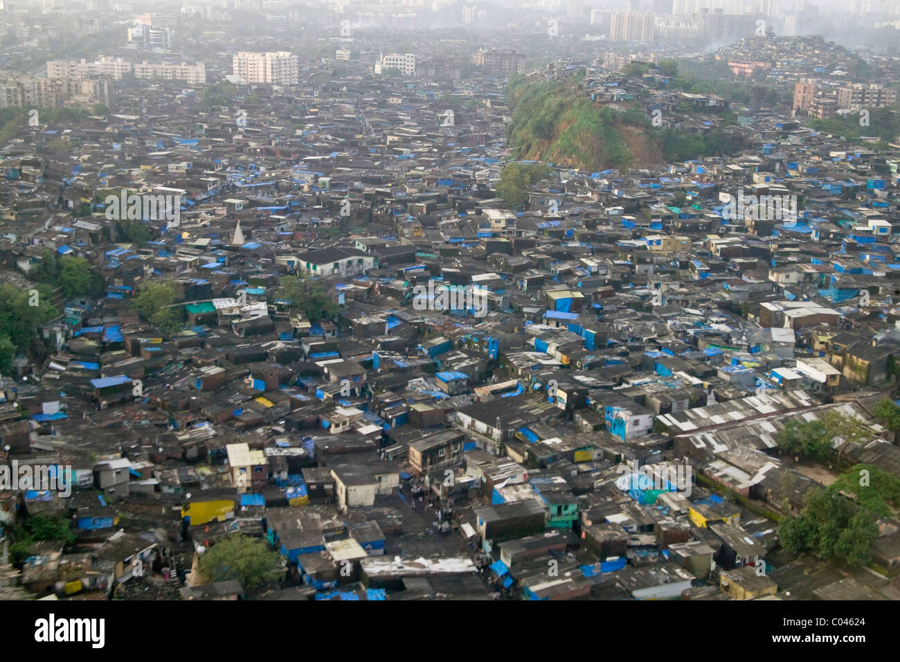 Aerial view of slum with high buildings, Bombay, India Stock Photo