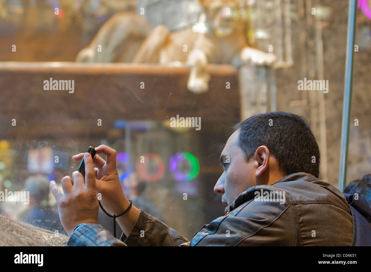 A man takes a photograph at the Lion Habitat at the Las Vegas MGM Grand Hotel and Casino Stock Photo
