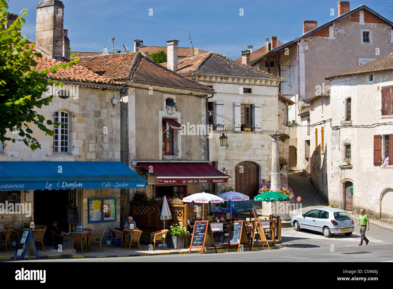 Pavement cafe in quaint town of Bourdeilles popular tourist destination near Brantome in Northern Dordogne, France Stock Photo