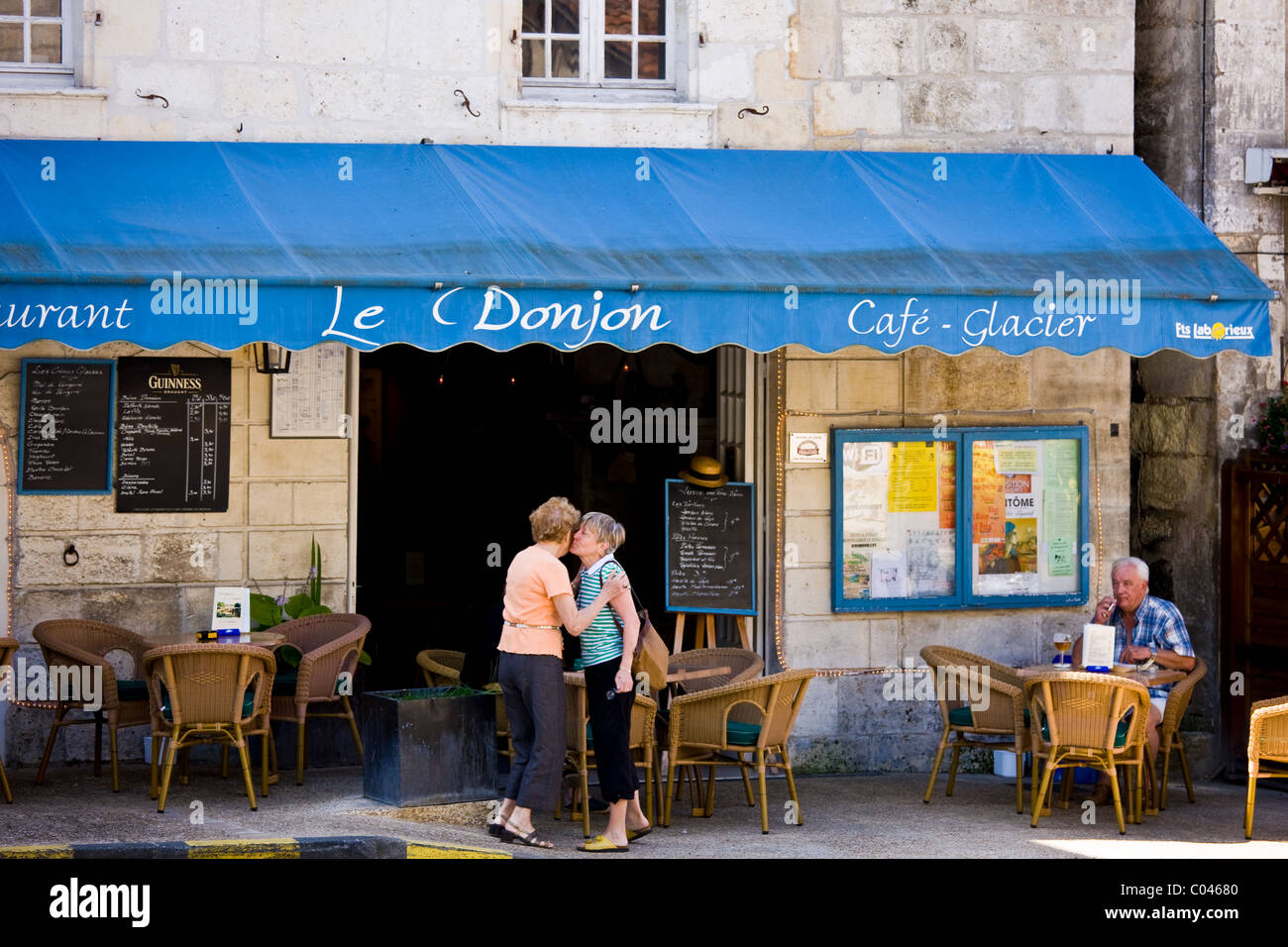 French greeting in quaint town of Bourdeilles popular as a tourist destination near Brantome North Dordogne, France Stock Photo
