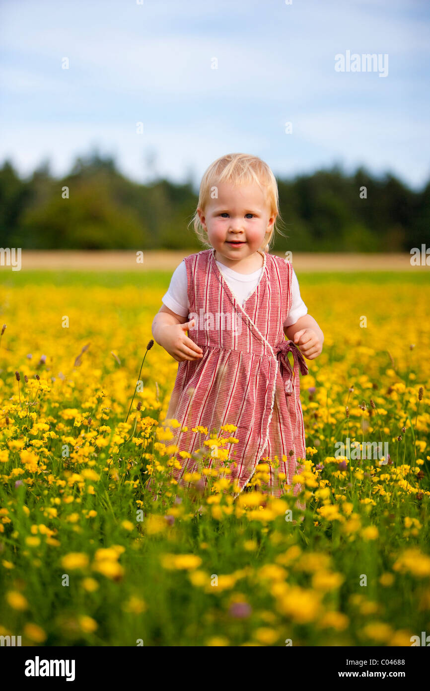 Little girl standing in a field of yellow flowers, Baden-Wuerttemberg, Germany Stock Photo