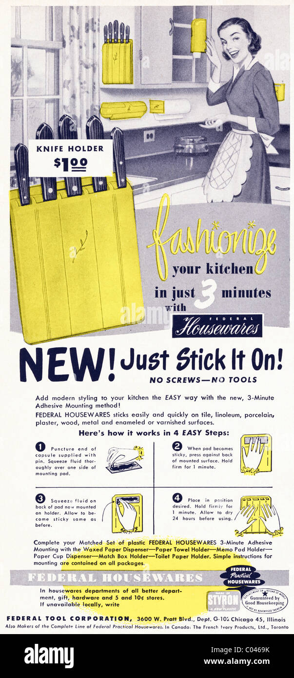 1950s advertisement in American consumer magazine for knifeholder by FEDERAL HOUSEWARES Stock Photo