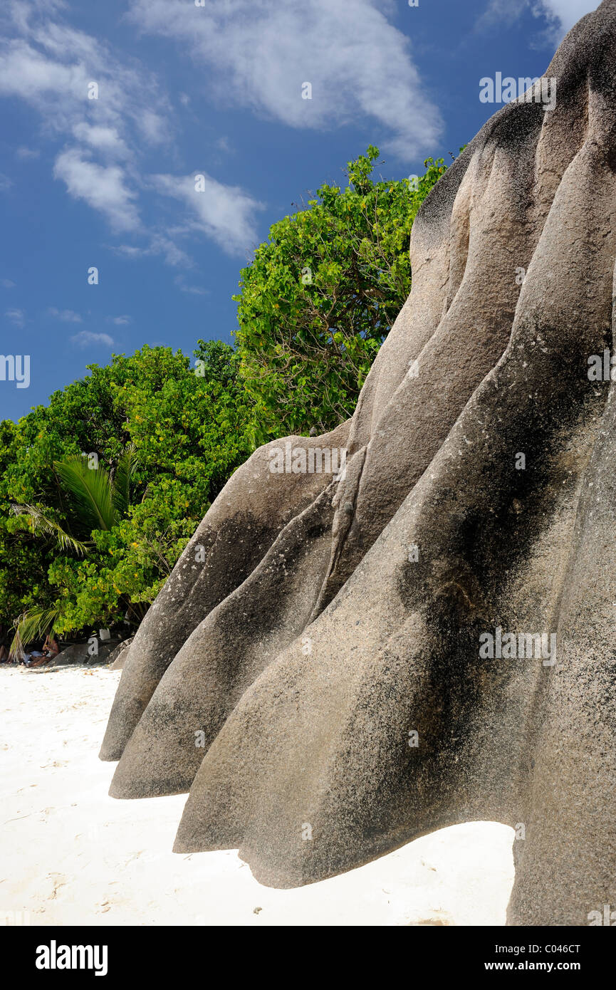 La Digue, Seychelles, Granite stone in Anse Source d'Argent known for one of the most beautiful beaches in the world Stock Photo