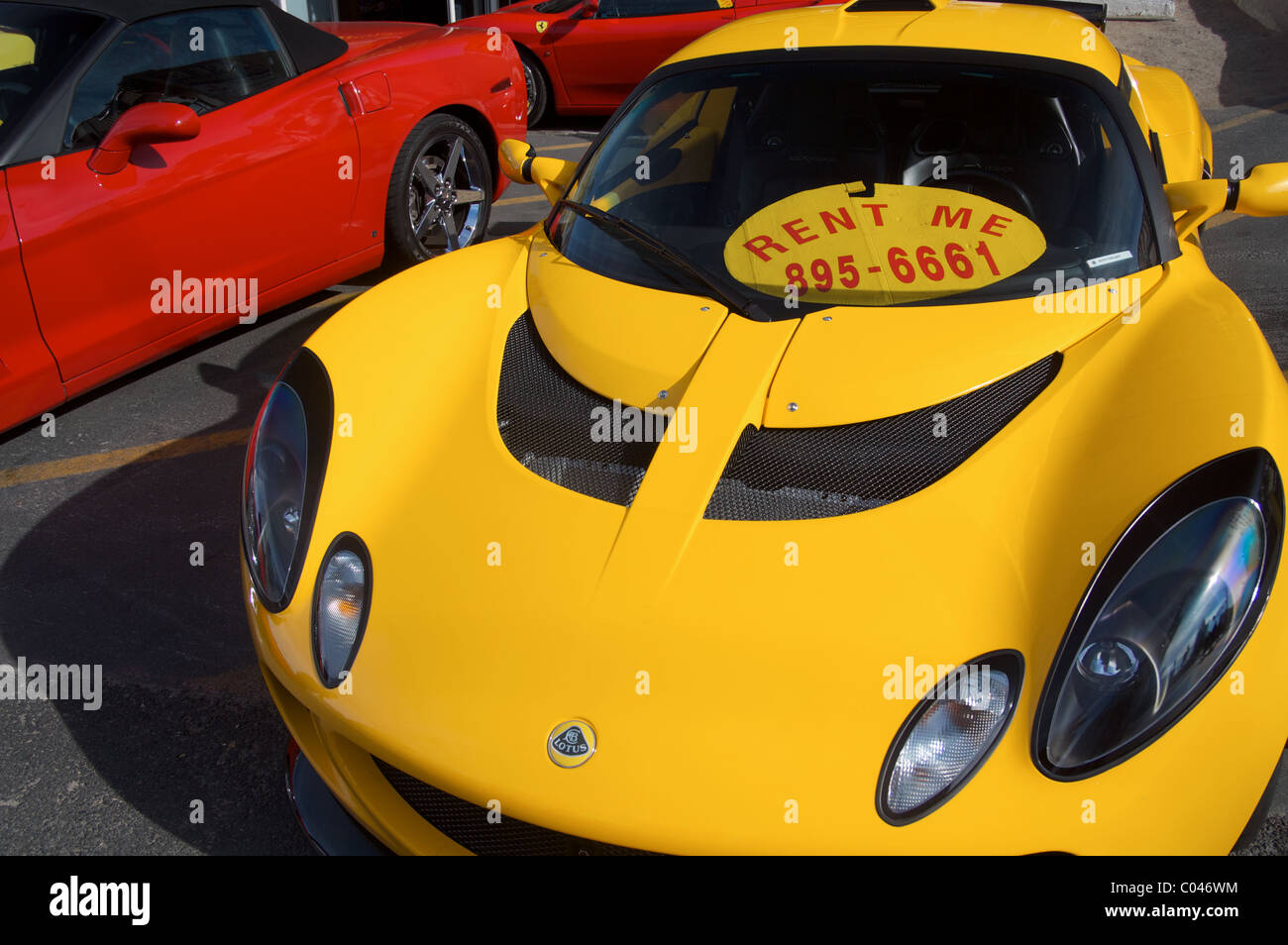 A yellow sports car for rent on the Las Vegas Strip Stock Photo
