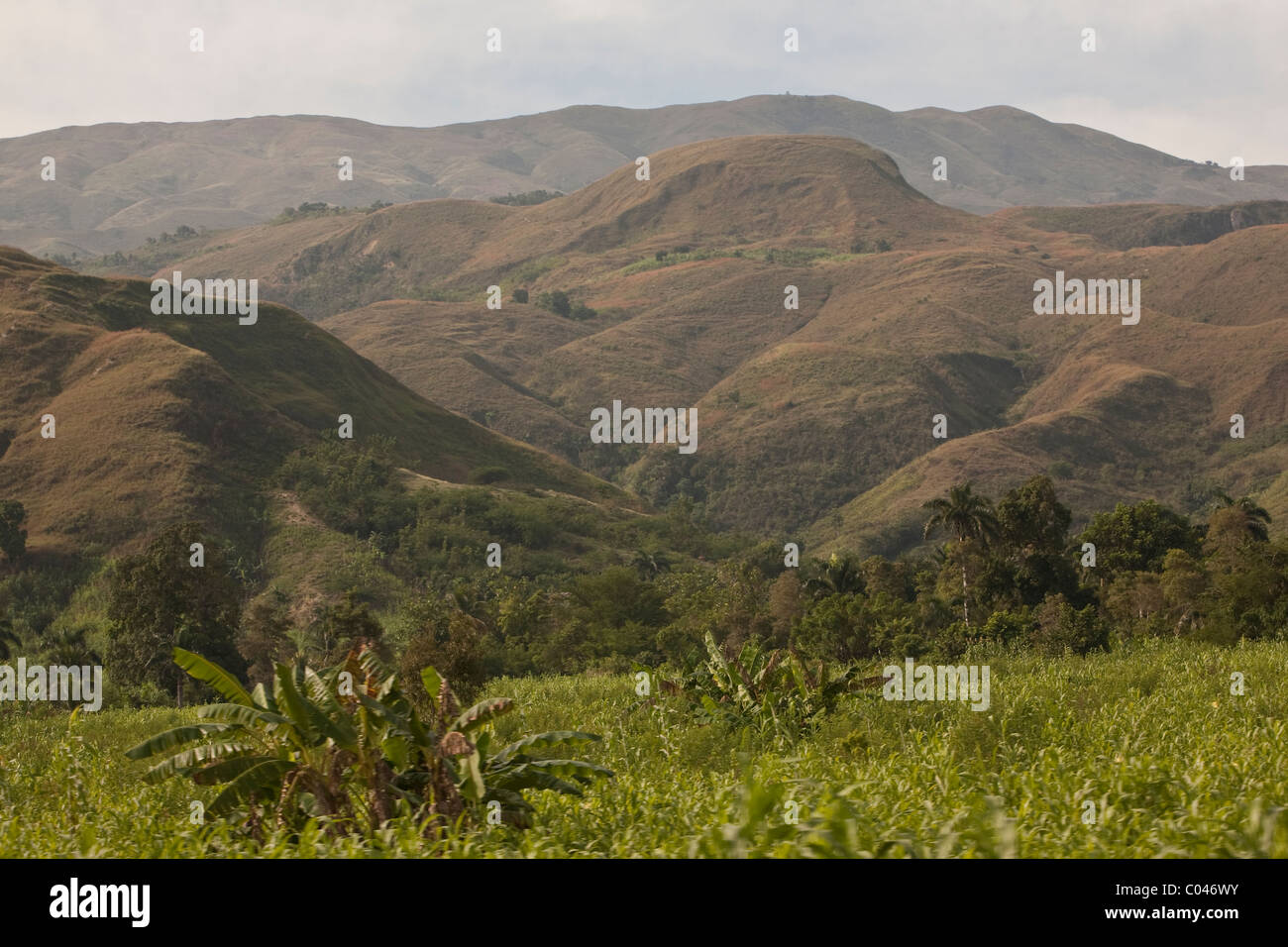 Lanscape in Haiti's Artibonite Valley showing deforested mountains. Stock Photo