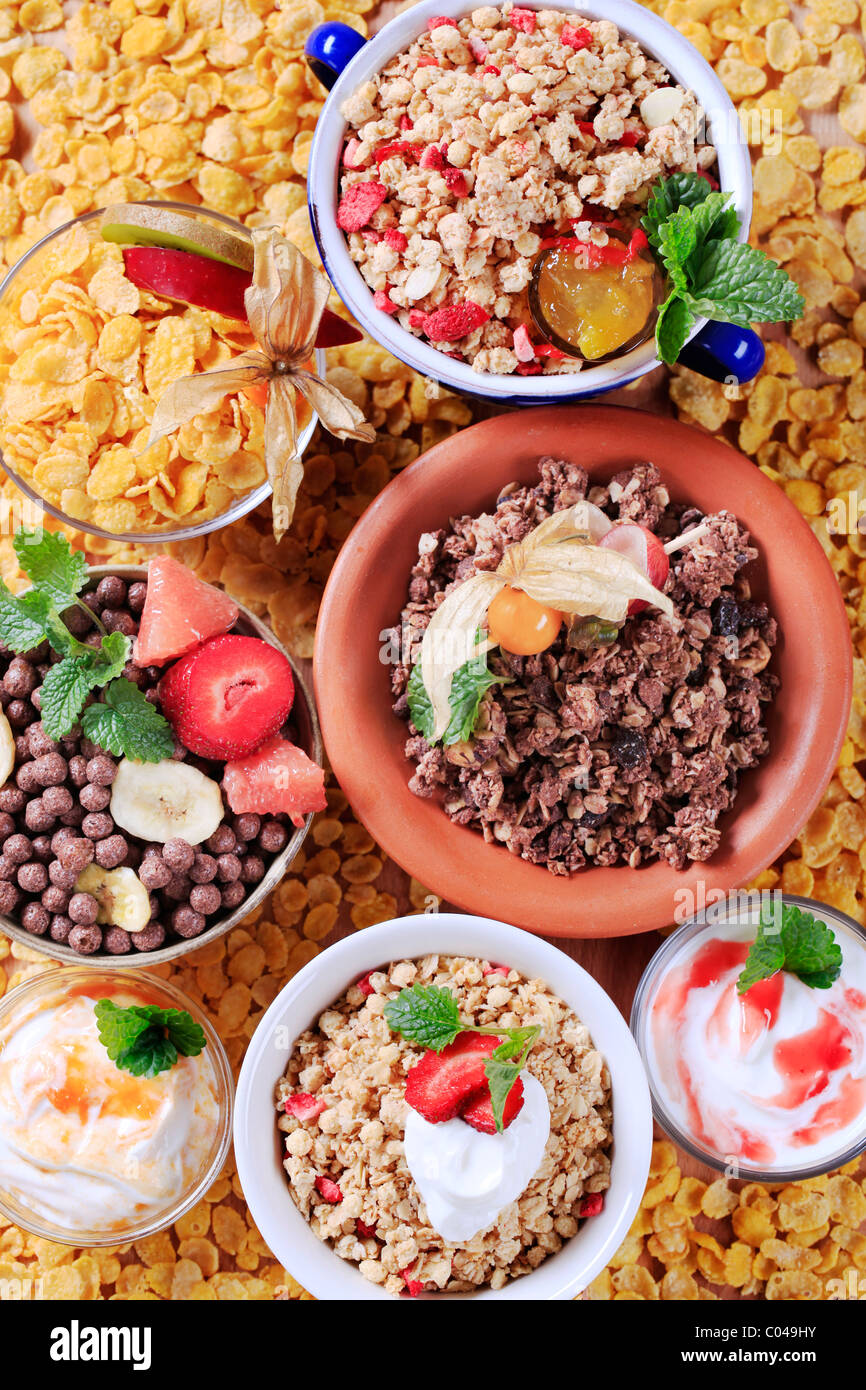 Various types of breakfast cereal - overhead Stock Photo