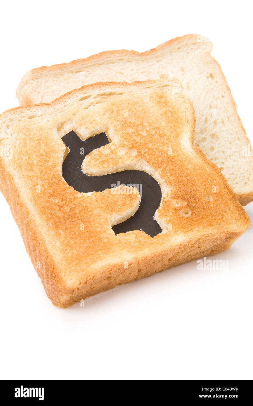 bread slice with dollar sign, concept high price of food or food for