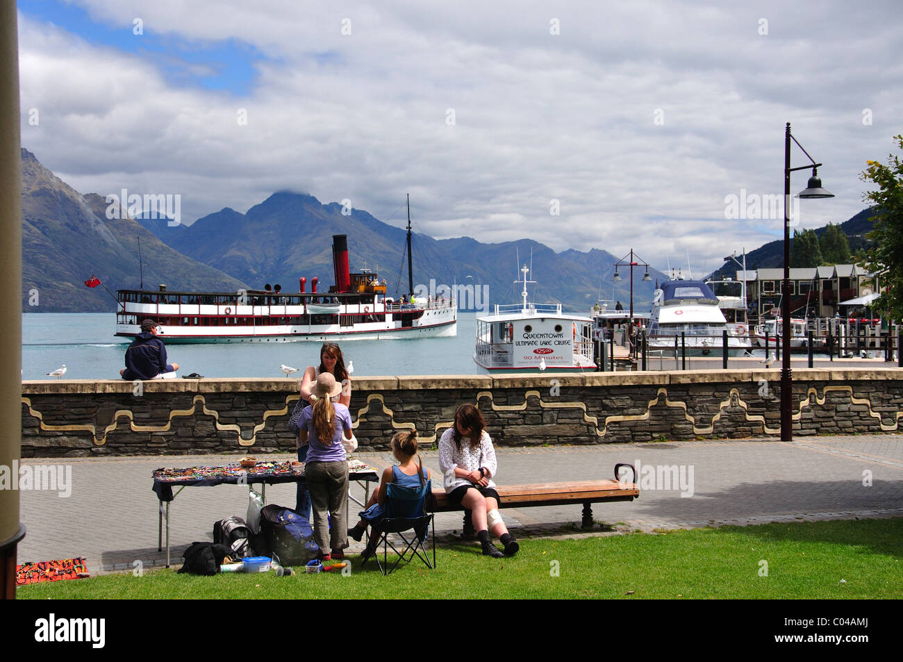 Lakefront showing Steam Ship TSS Earnslaw, Lake Wakatipu, Queenstown, Otago, South Island, New Zealand Stock Photo