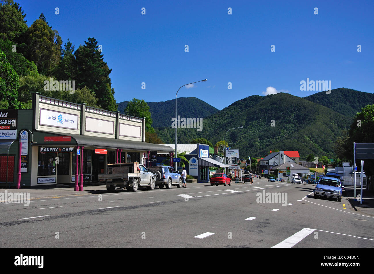 Main Street, Havelock, Marlborough, South Island, New Zealand Stock
