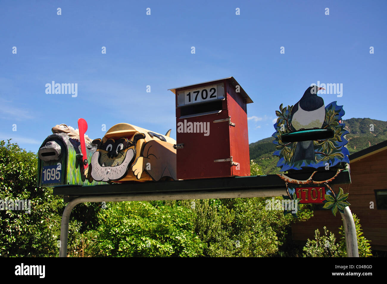 Decorative letter boxes in Okiwa Bay, Queen Charlotte Sound
