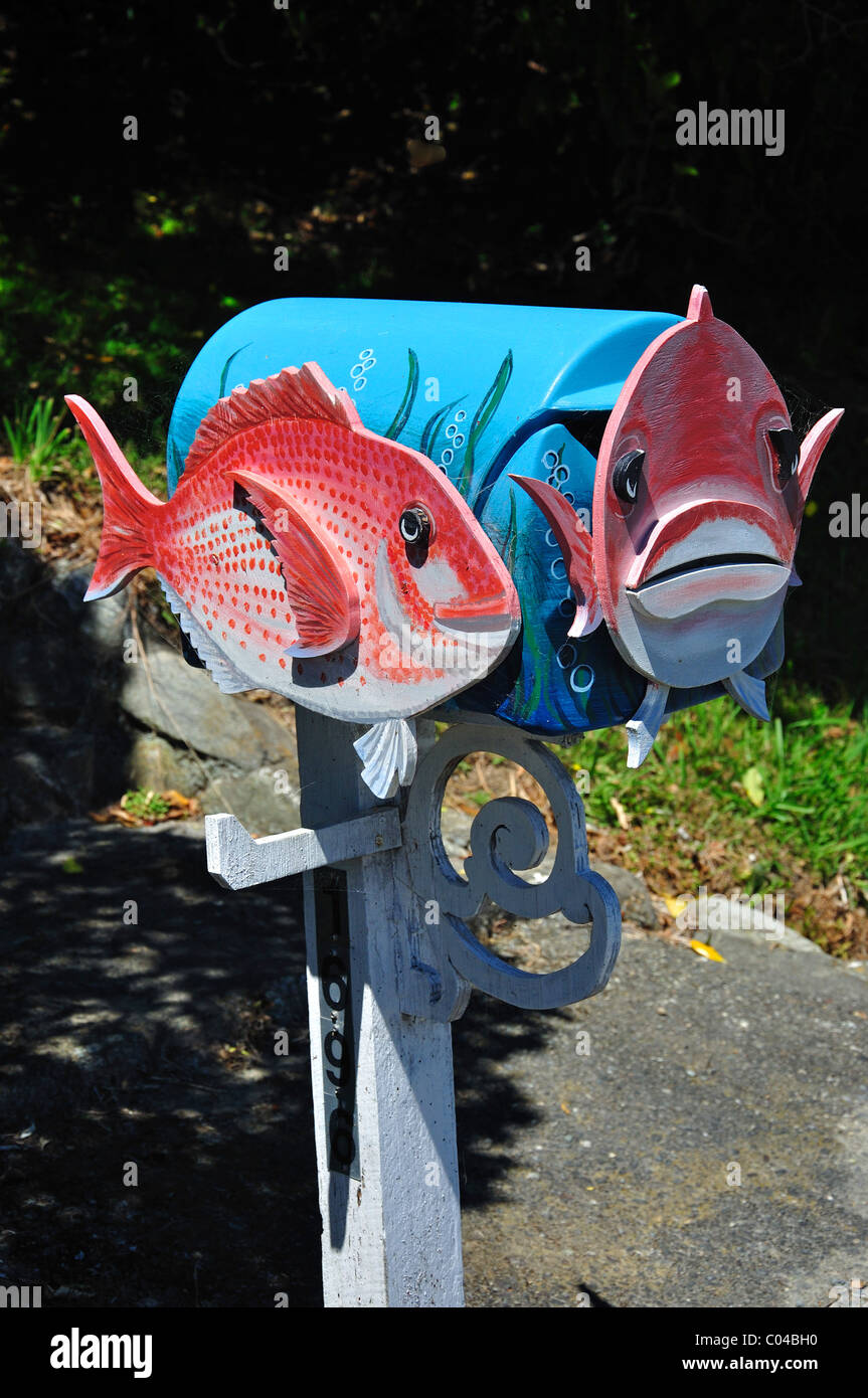 Decorative letter box in Okiwa Bay, Queen Charlotte Sound, Marlborough Sounds, Marlborough Region, South Island, New Zealand Stock Photo