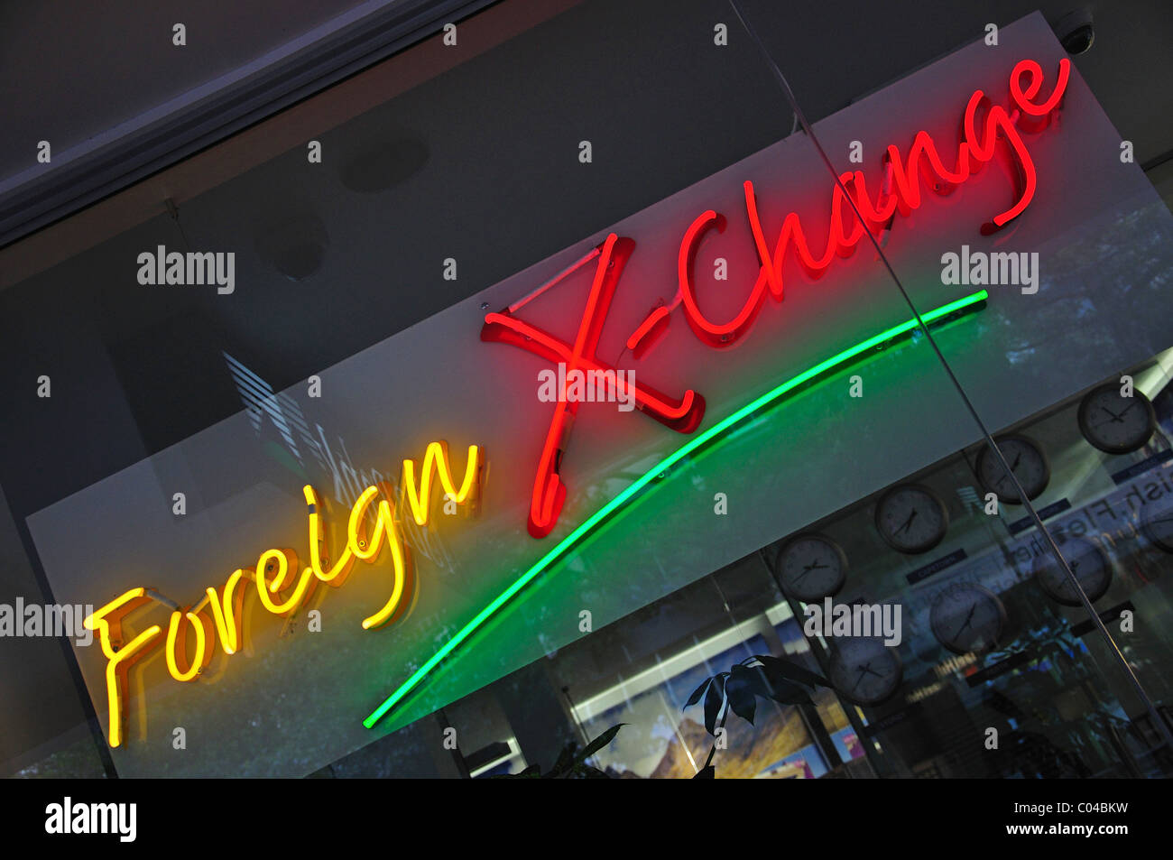 Foreign exchange neon signs on bank window, Trafalgar Street, Nelson, Nelson Region, South Island, New Zealand Stock Photo