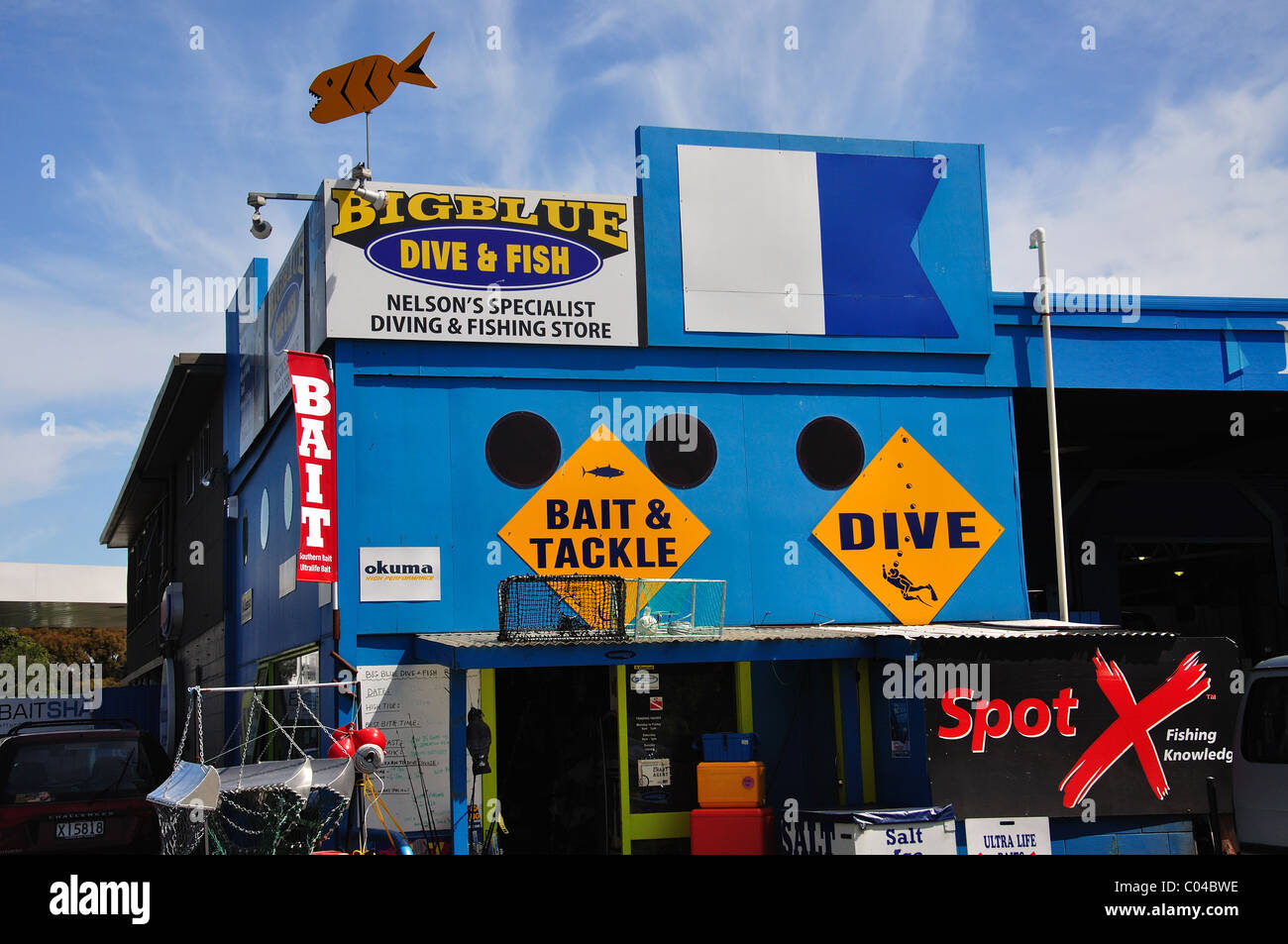 Big Blue' diving and fishing store, Port Nelson Marina, Nelson