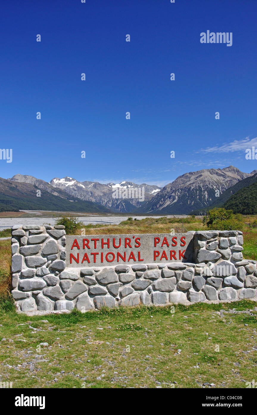 Sign at entrance to Arthur's Pass National Park, Canterbury Region, South Island, New Zealand Stock Photo