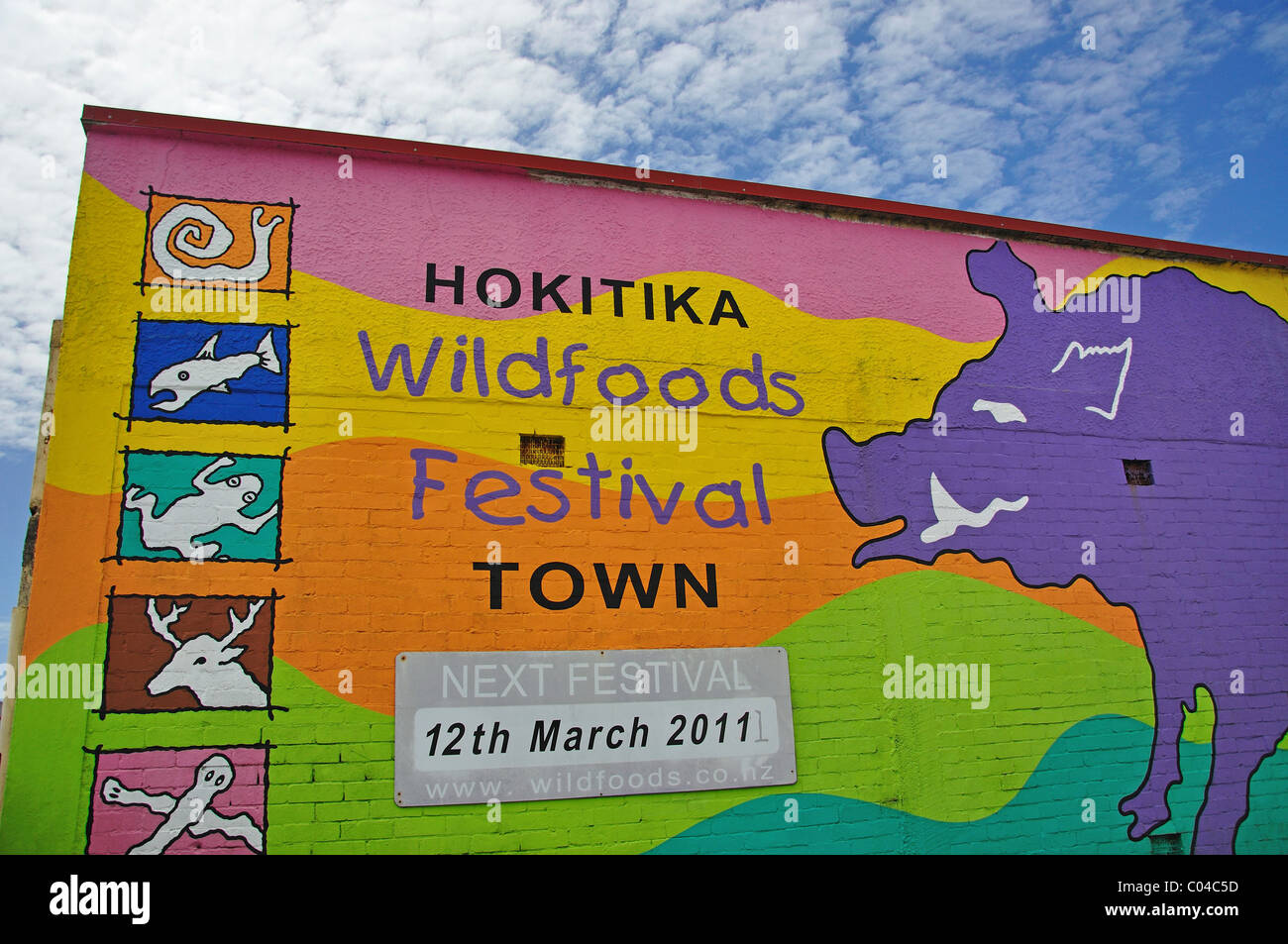 Wild Food Festival wall mural, Hokitika, Westland District, West Coast District, South Island, New Zealand Stock Photo