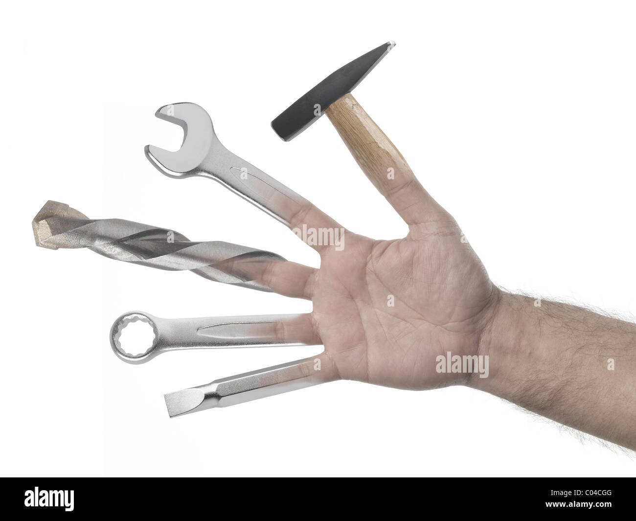 Handyman hand full of tools on white background Stock Photo
