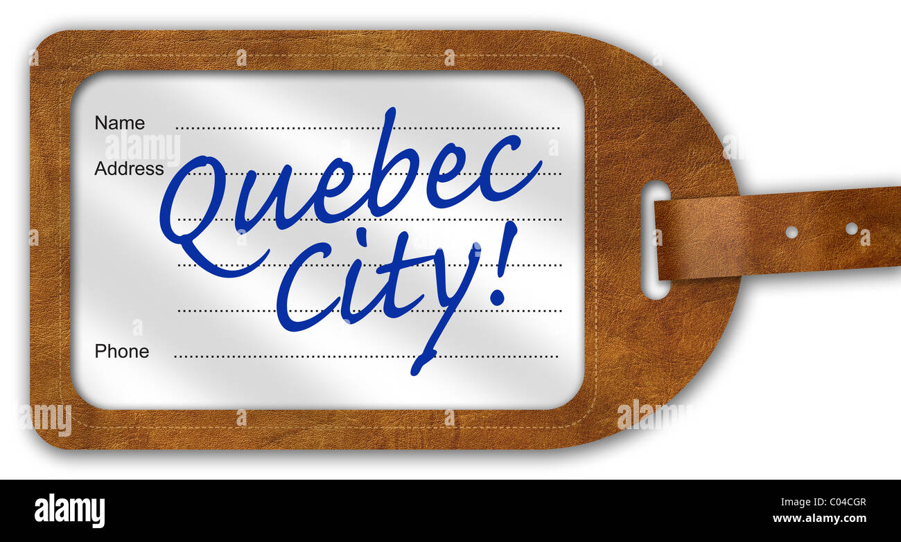 Suitcase/Luggage Label with ‘Quebec City!’ written on Stock Photo