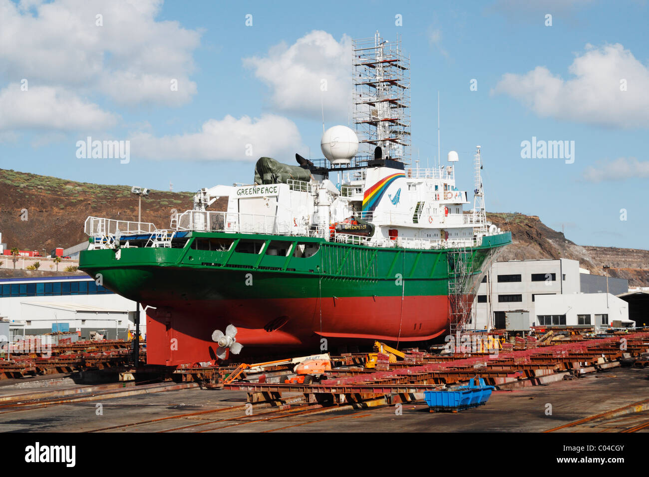 Greenpeace boat, The Esperanza, in drydock in Puerto de La Luz, Las Palmas, Gran Canaria, Canary Islands, Spain Stock Photo