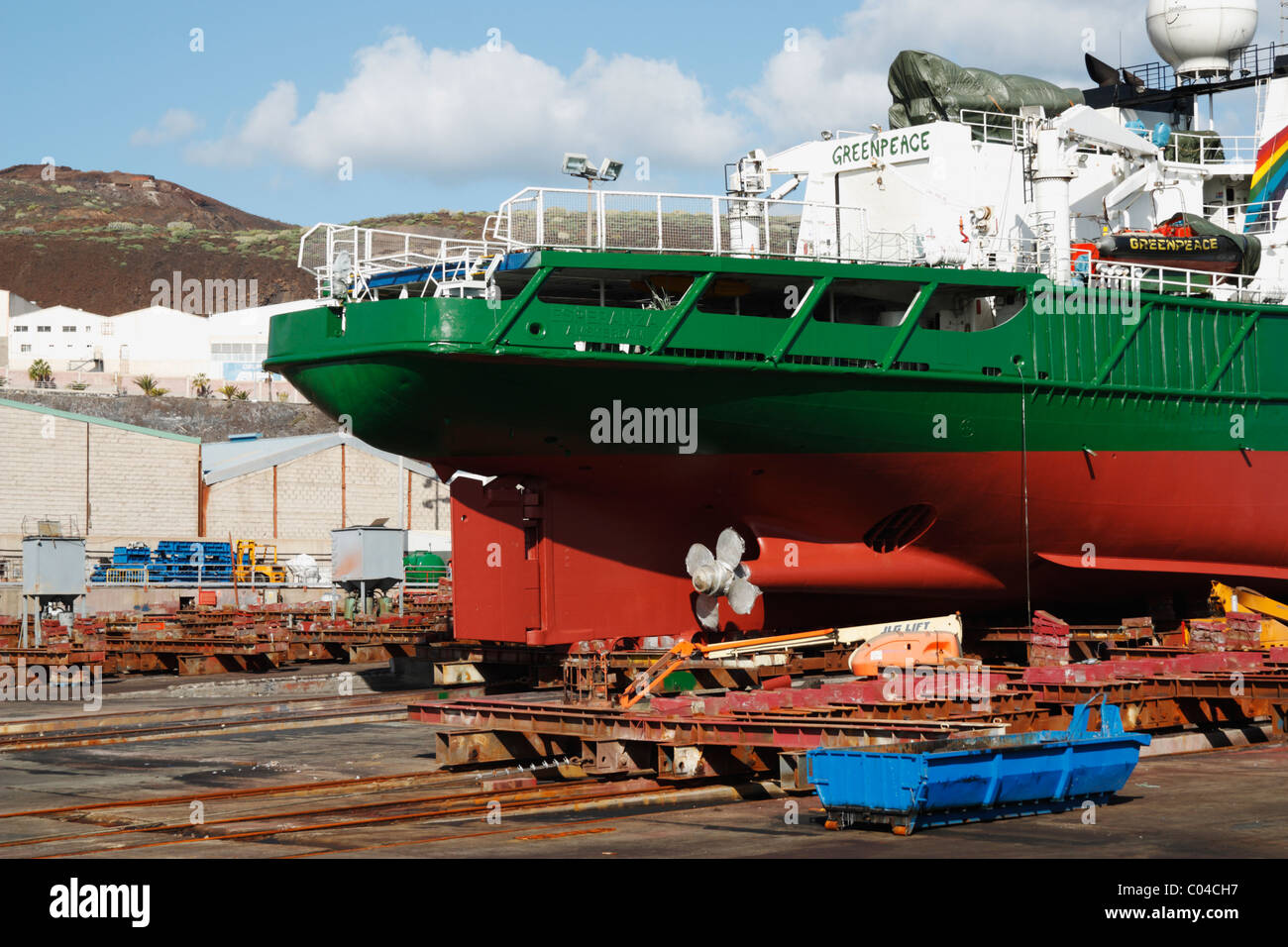 Greenpeace boat, The Esperanza, in drydock in Puerto de La Luz, Las Palmas, Gran Canaria, Canary Islands, Spain Stock Photo