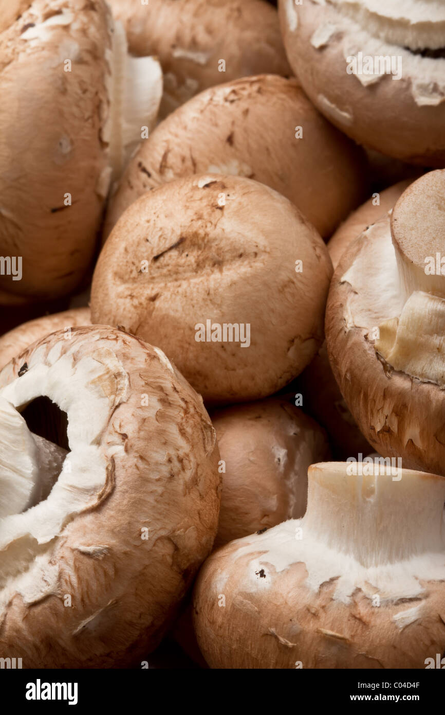 Background image of raw unwashed chestnut mushrooms. Stock Photo