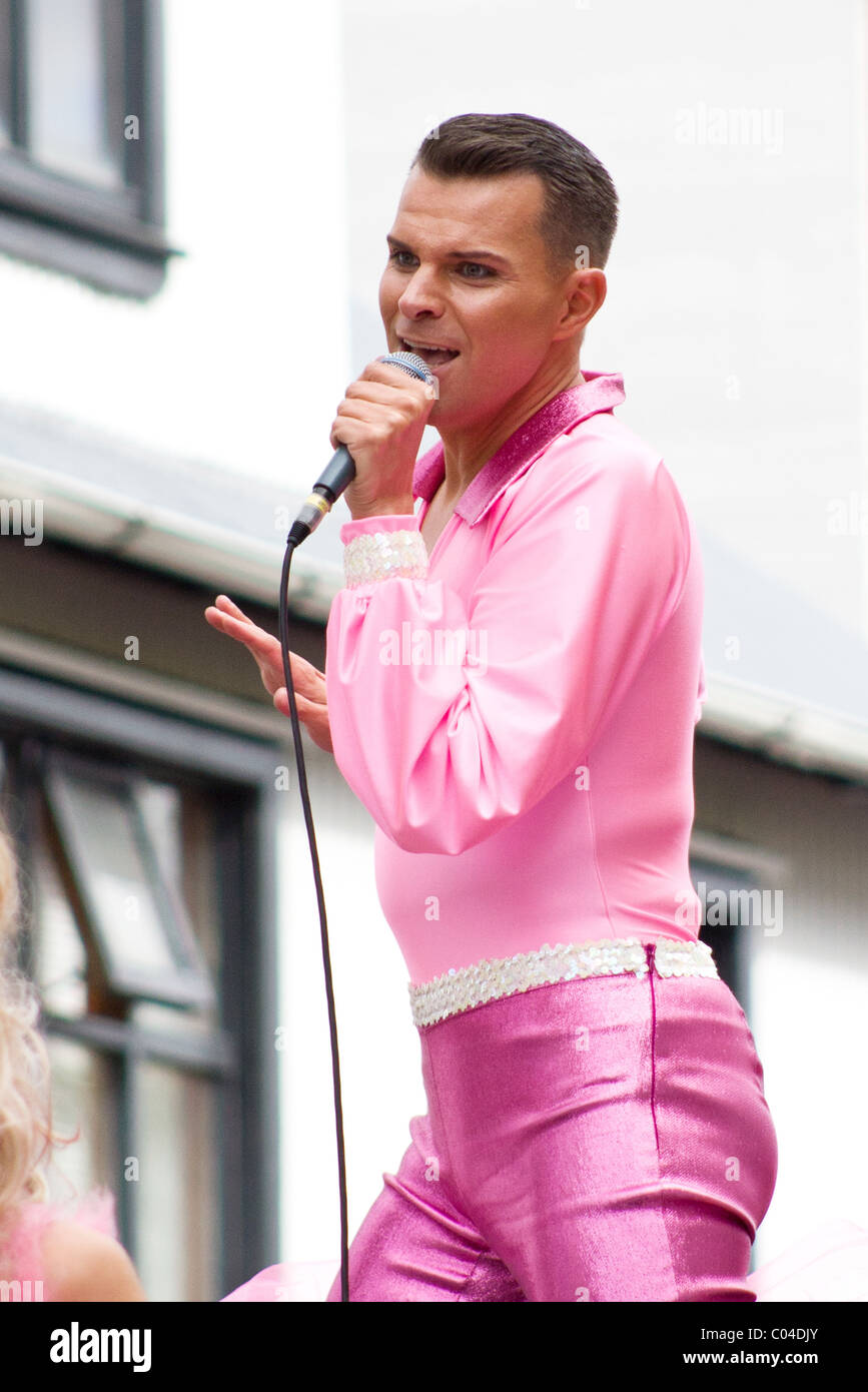 Icelandic pop singer Páll Óskar during a Gay Pride parade in downtown Reykjavik, Iceland. Stock Photo