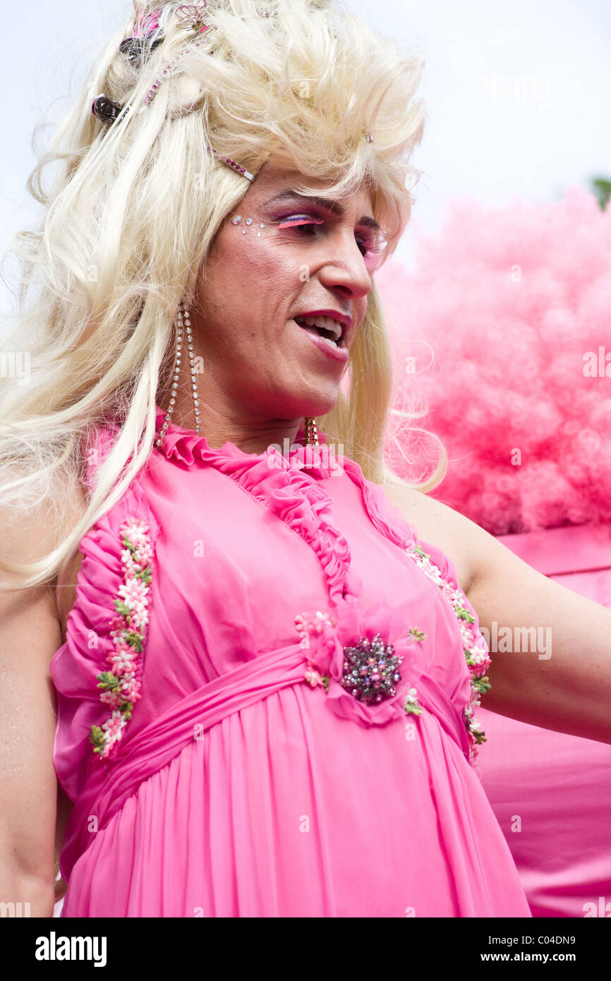 A man dressed as a woman at a Gay Pride parade  in Reykjavik, Iceland. Stock Photo