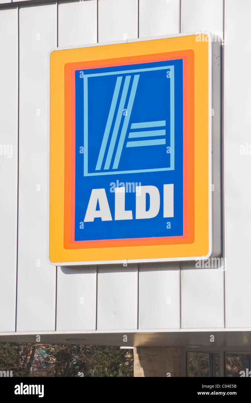 Aldi supermarket sign on the store at Catterick Garrison, North Yorkshire Stock Photo