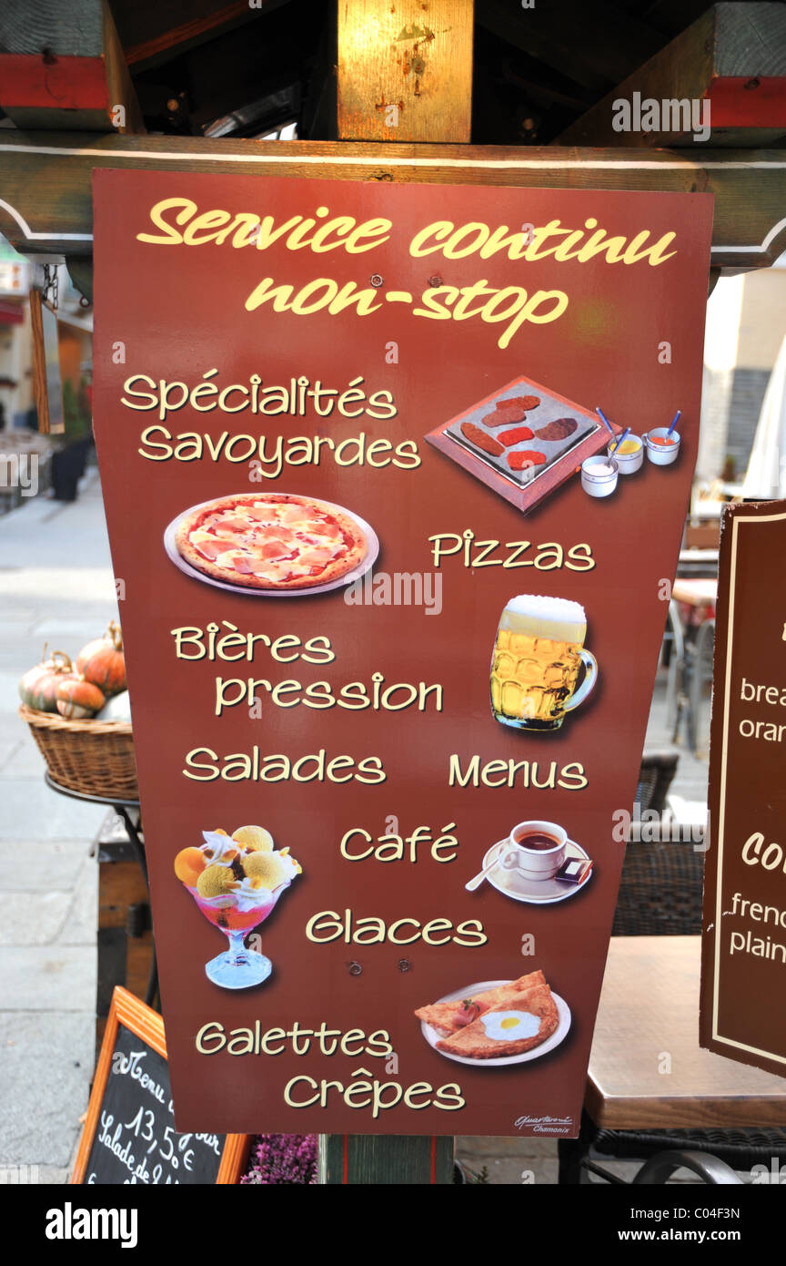 Restaurant menu board in Chamonix, France Stock Photo