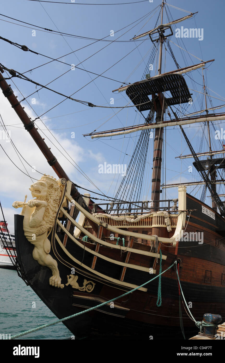 Replica of the square rigged sailing ship Santisima Trinidad alongside the quayside in Malaga Stock Photo
