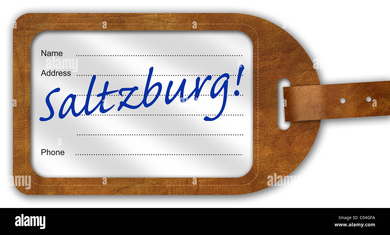 Suitcase/Luggage Label with ‘Saltzburg!’ written on Stock Photo