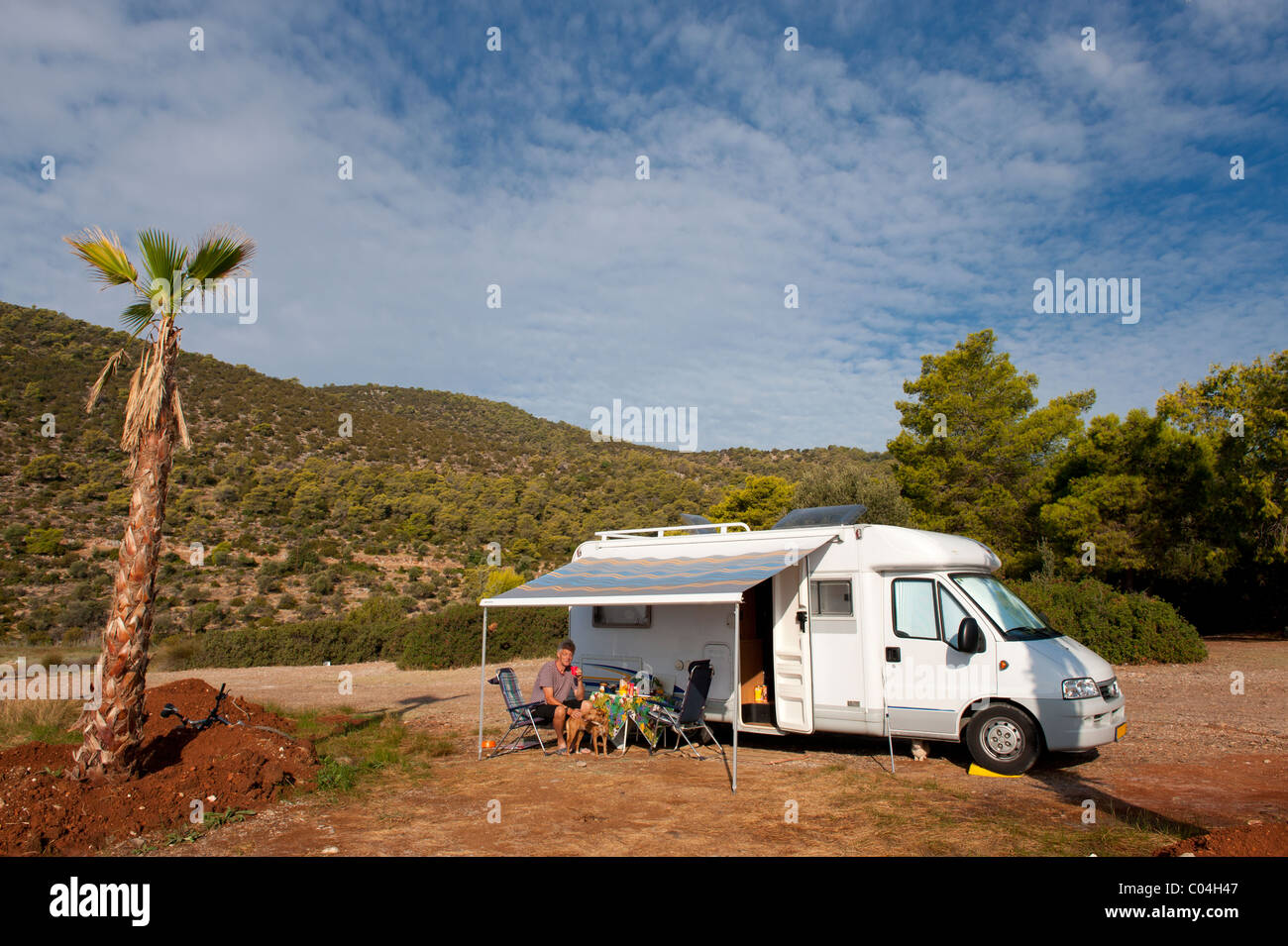 Free camping with mobil home in Greece at the Peleponnesos Stock Photo