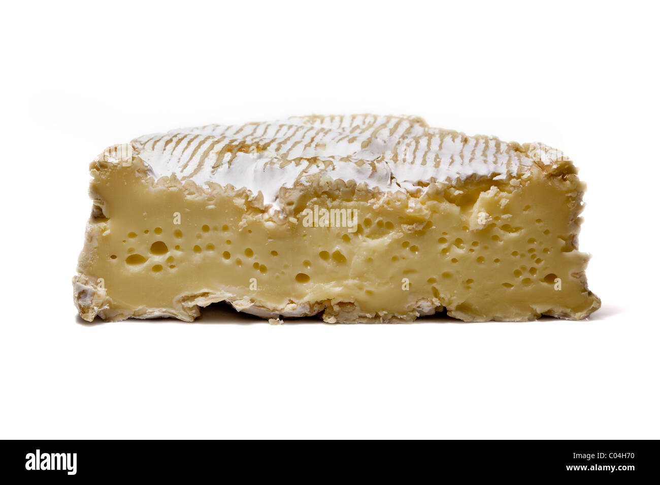 Camembert de Normandie (Normandy) isolated cut out on white, soft French raw milk cheese. Charles Lupica Stock Photo