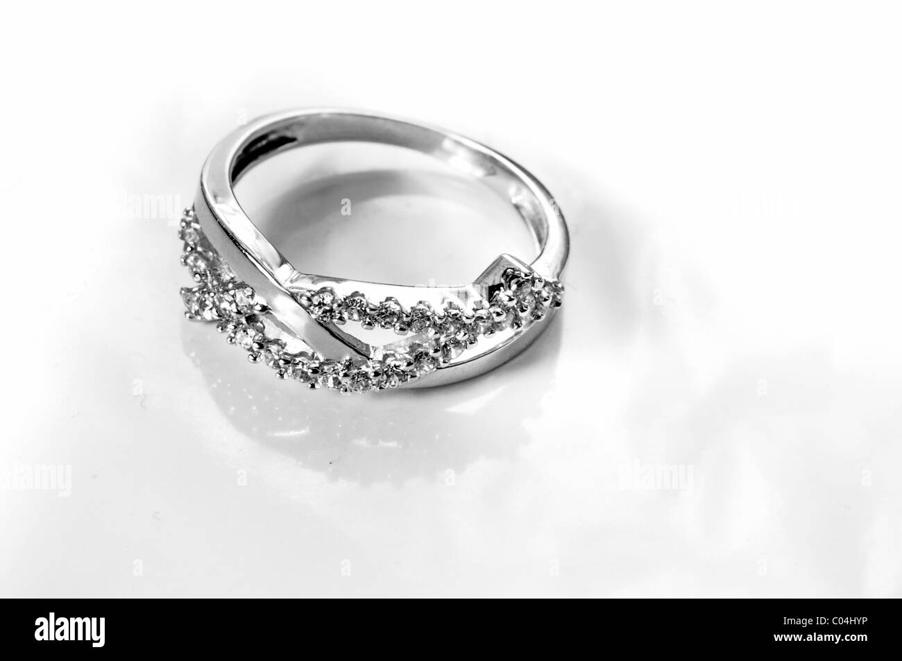 White Gold engagement Ring with several diamonds Stock Photo