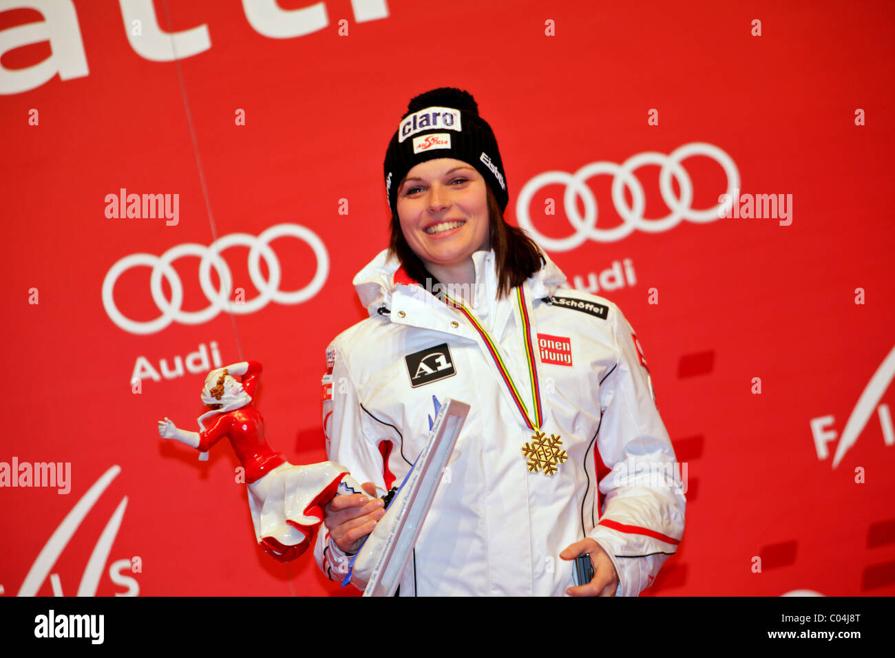 gold medal winner Anna Fenninger, Austria, at the FIS Alpine World Ski Championships 2011 Stock Photo