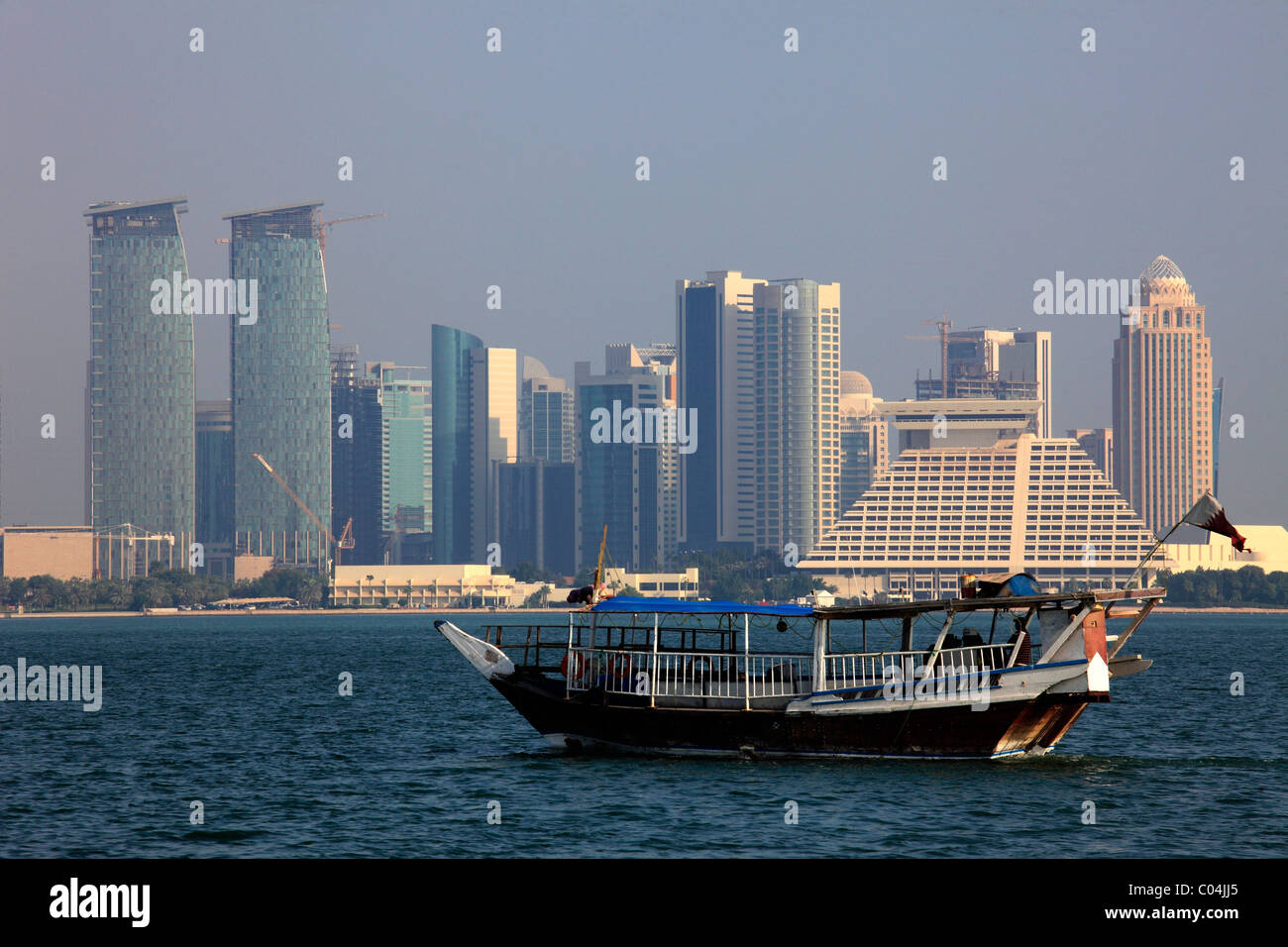 Qatar, Doha, skyline, skyscrapers, general view, dhow, traditional boat, Stock Photo