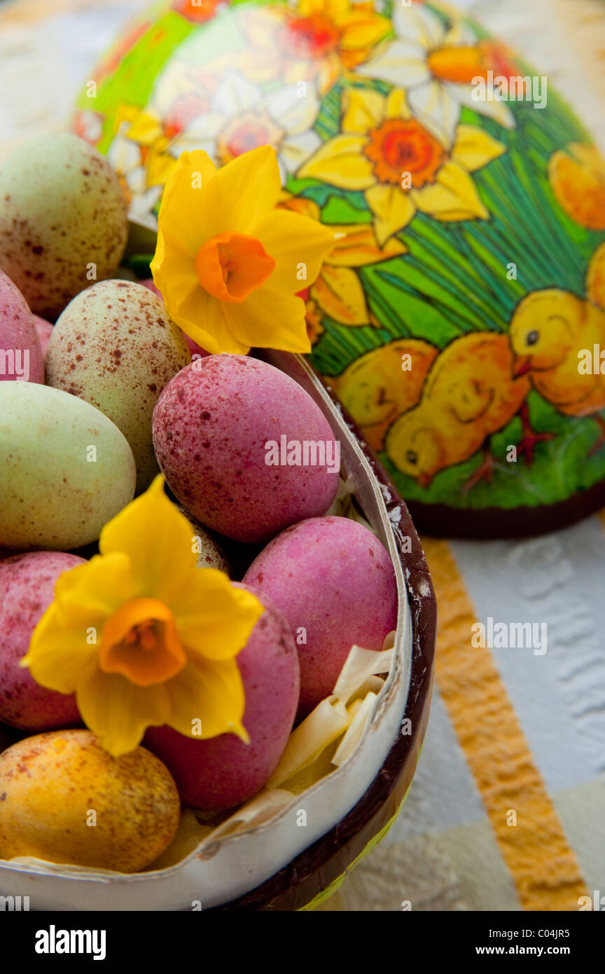 Candy shelled mini chocolate easter eggs in French decorative cardboard