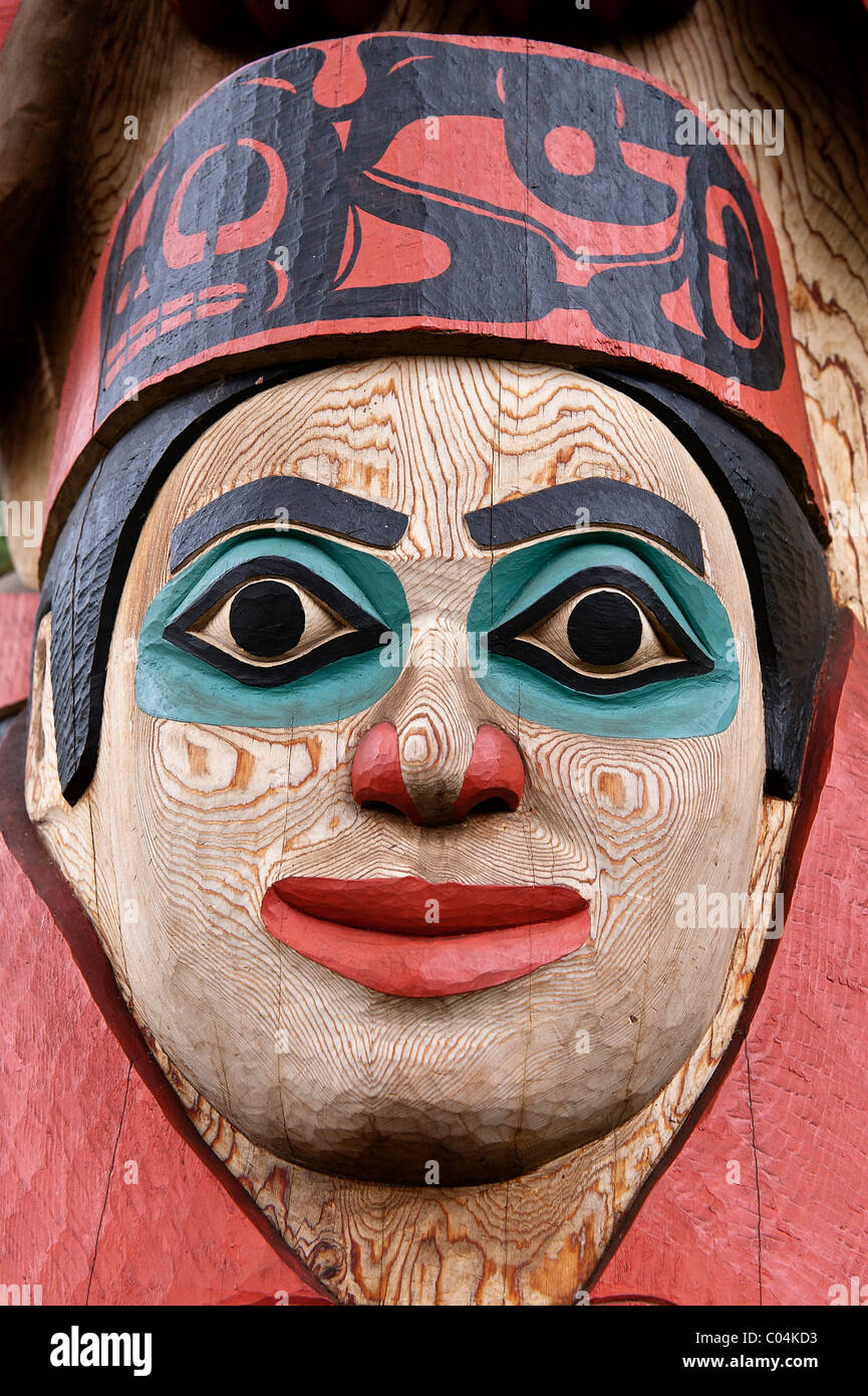 Totem pole detail, Alaska Native Heritage Center, Anchorage, Alaska Stock Photo