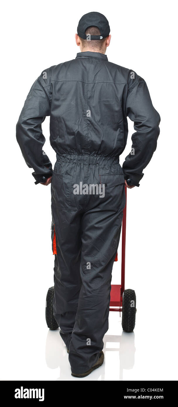 manual worker with handtruck on white background Stock Photo