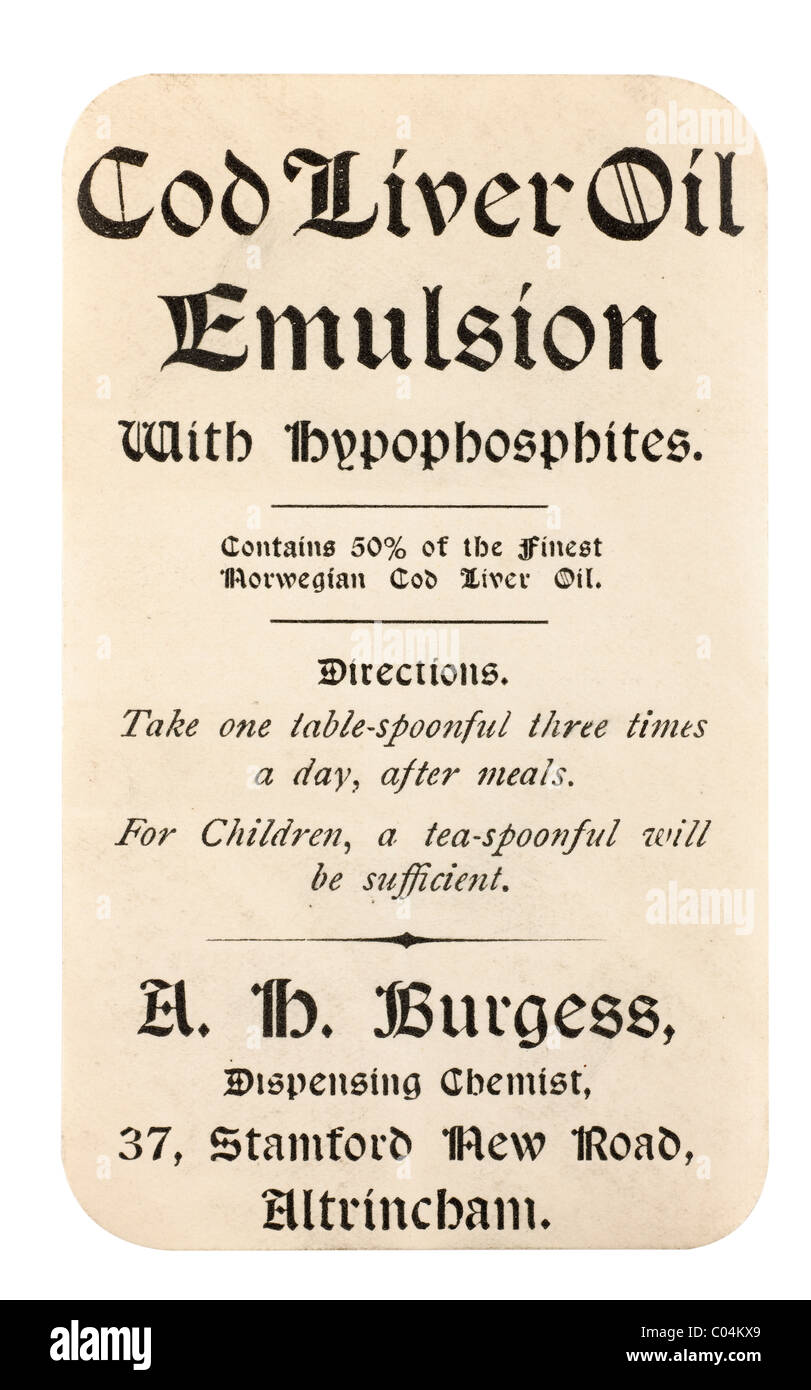 Old vintage chemists label from A H Burgess dispensing chemist  Altrincham for Cod Liver Oil with hypophosphites. EDITORIAL ONLY Stock Photo