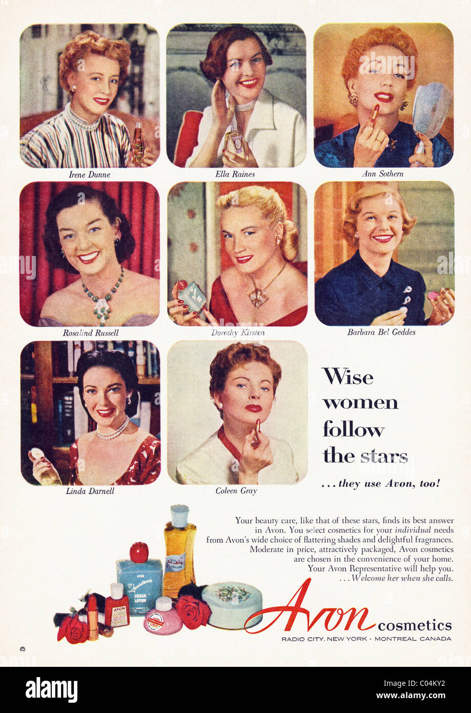 Original 1950s full page advertisement in American consumer magazine for AVON COSMETICS featuring film stars of the period Stock Photo