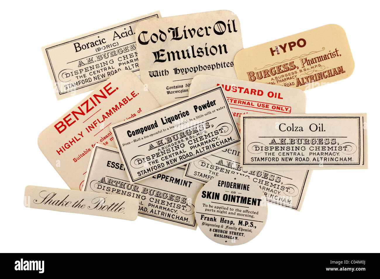 Pile of vintage chemists labels. EDITORIAL ONLY Stock Photo