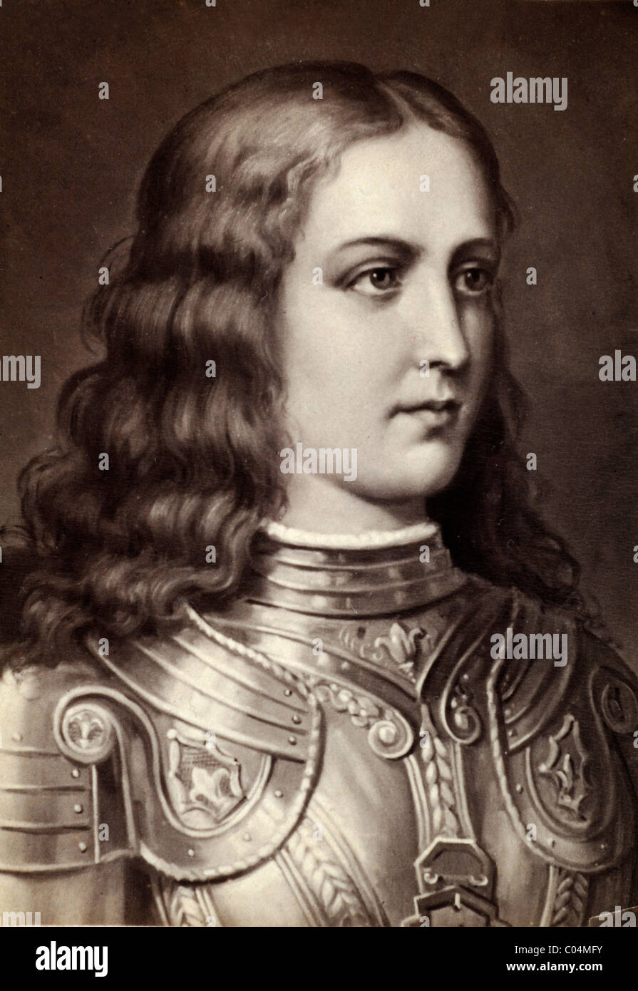 Joan of Arc (c1412-1431) or Jeanne d'Arc. French national heroine. Portrait Wearing Military Armour or Body Armour c19th Albumen Print of Earlier Painting. Stock Photo