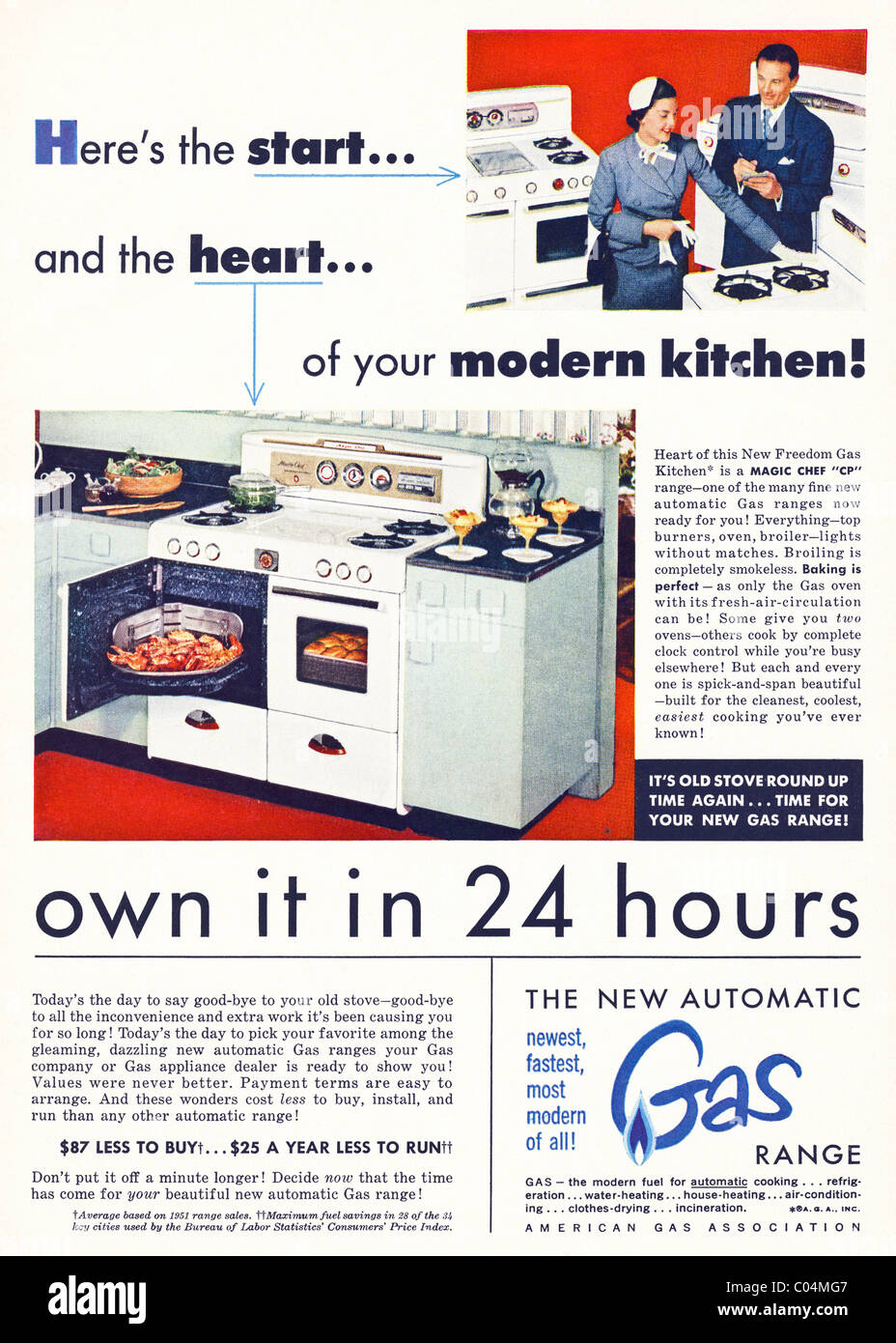 1950s full page advertisement in American consumer magazine for GAS kitchen cookers Stock Photo