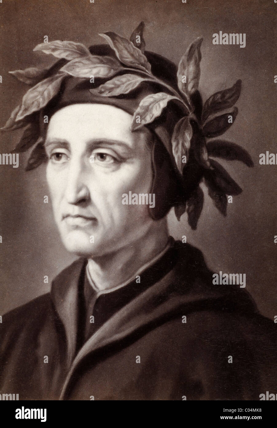 Dante Alighieri (1265-1321) Italian Poet wearing Crown of Leaves. Portrait c19th Albumen Print of Earlier Painting. Stock Photo