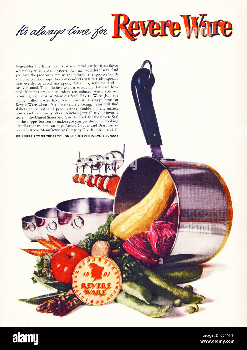 Original 1950s full page advertisement in American consumer magazine for REVERE kitchen ware Stock Photo