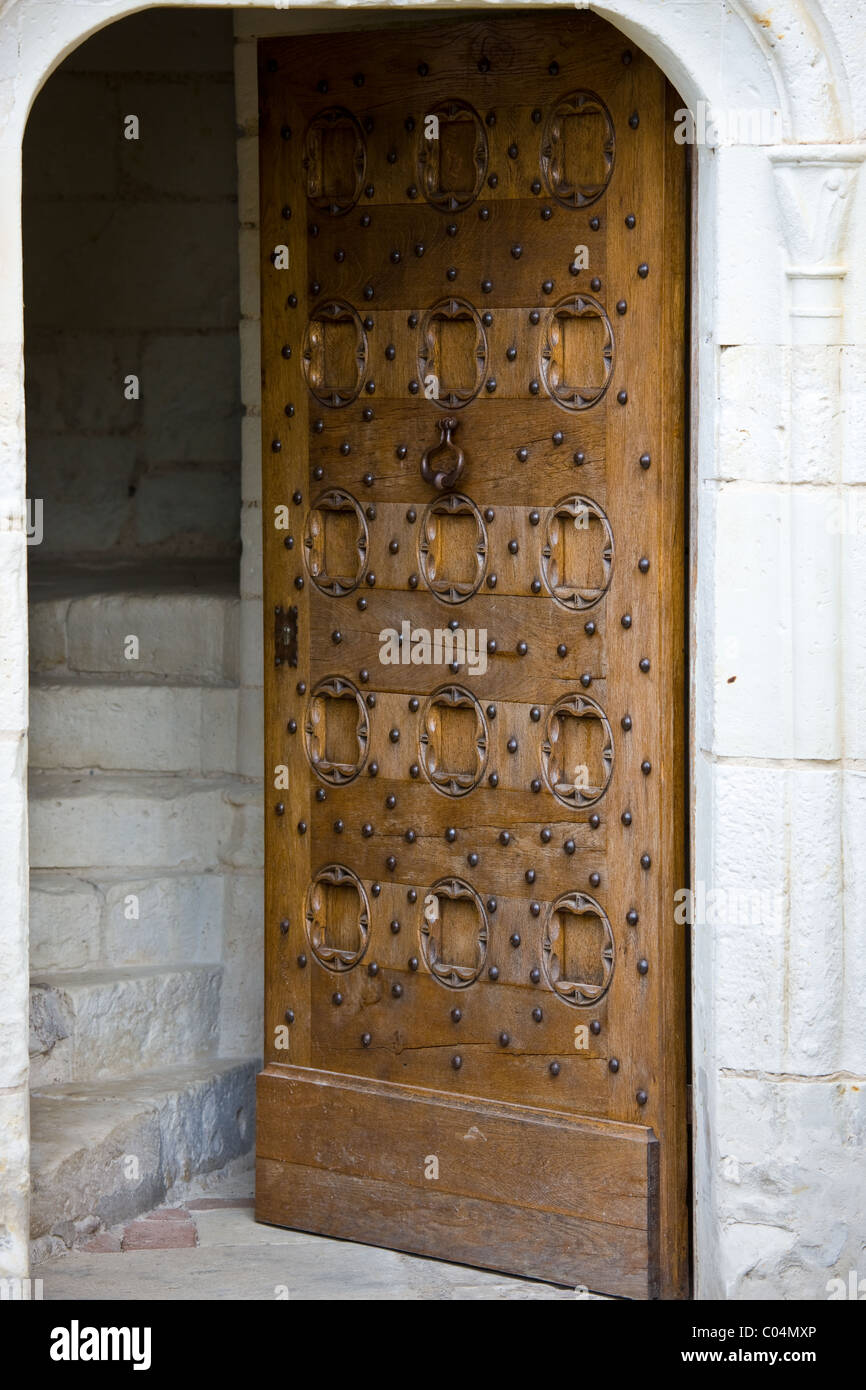 Oak door at Chateau du Rivau, 15th and 16th Century Renaissance architecture, near Chinon in the Loire Valley, France Stock Photo