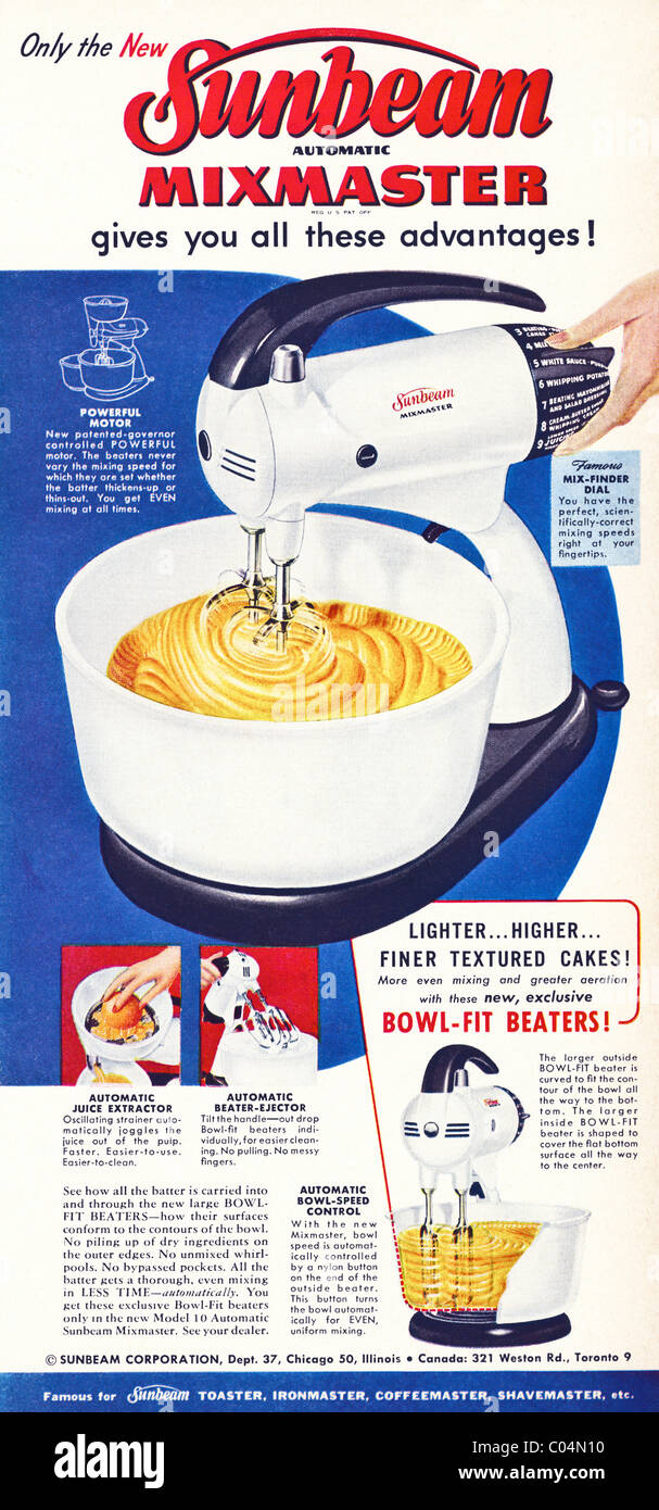 Original 1950s advertisement in American consumer magazine for SUNBEAM MIXMASTER food mixer Stock Photo